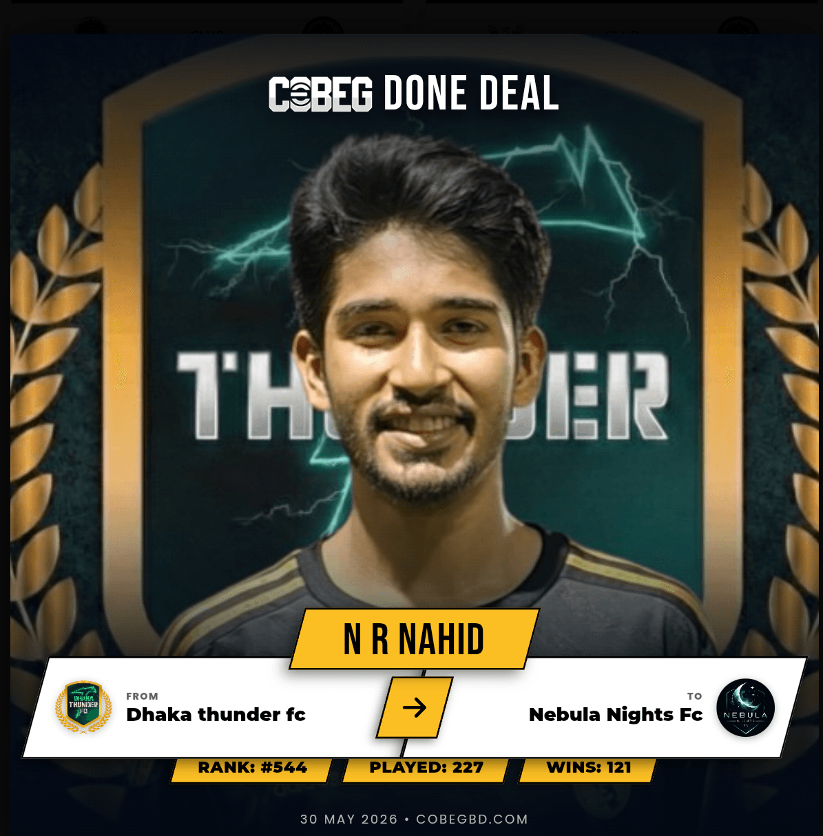 Nebula Nights FC Land a Proven Winner — N R Nahid Completes Blockbuster Move from Dhaka Thunder FC! 💥 Nebula Nights FC Land a Proven Winner — N R Nahid Completes Blockbuster Move from Dhaka Thunder FC! 💥