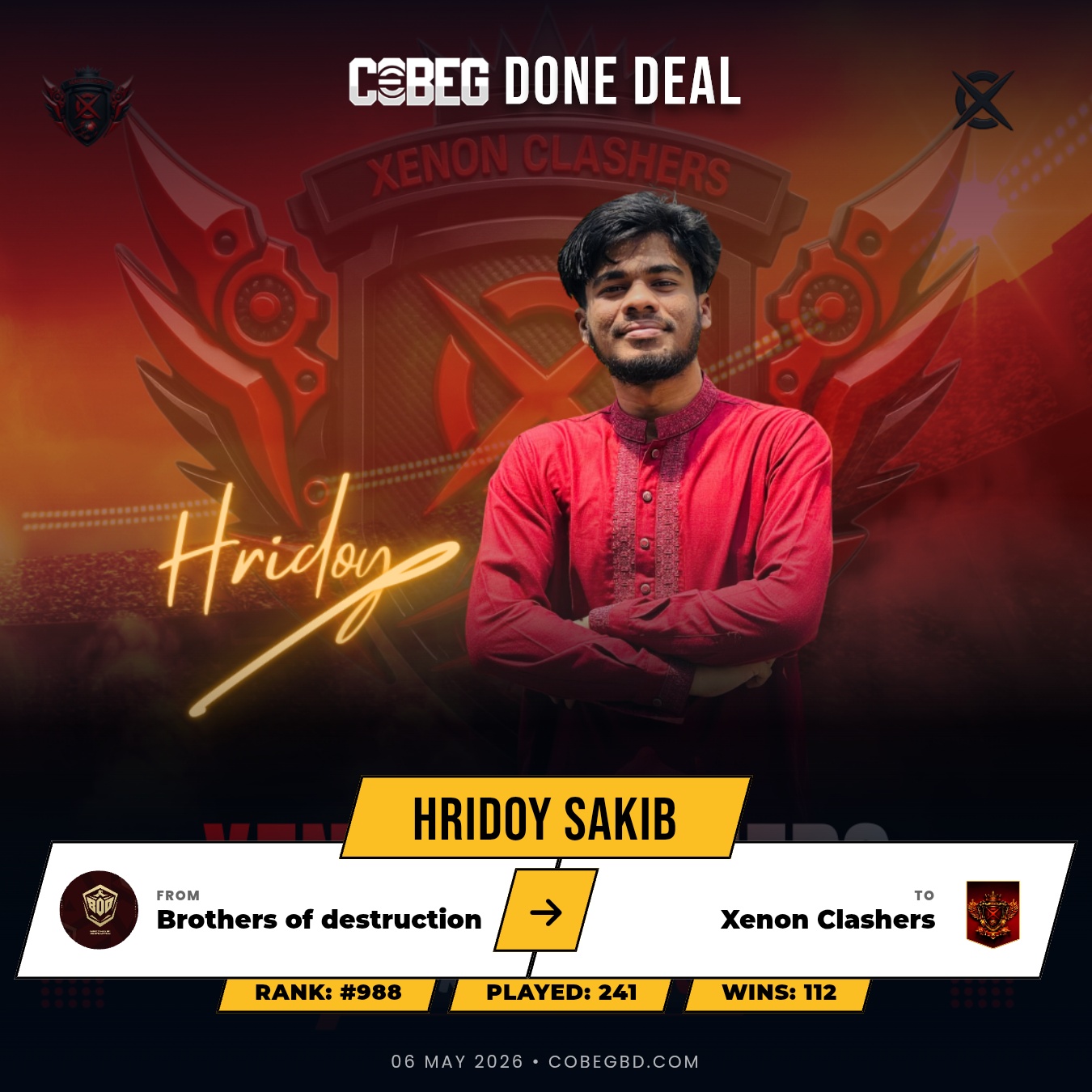 Xenon Clashers Ignite the Arena: Hridoy Sakib Secured as the New No.7 Power Move