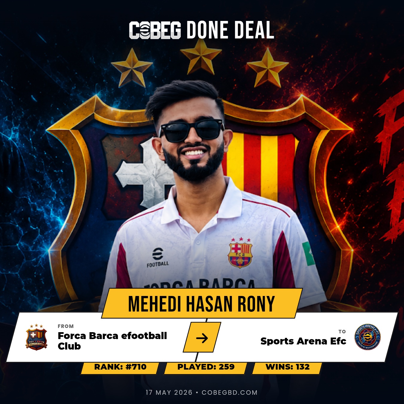 SPORTS ARENA EFC SECURE FUTURE STAR: Mehedi Hasan Rony Joins Academy Setup From Forca Barca eFootball Club!