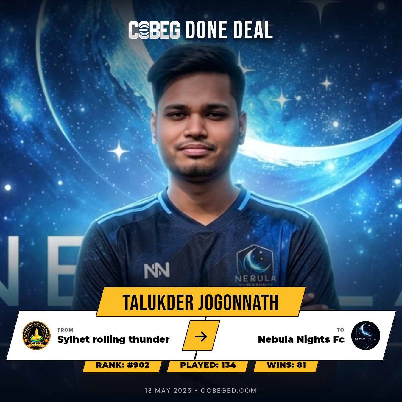 NEBULA NIGHTS FC SECURE A RISING FORCE: Talukder Jogonnath Arrives as No.28 in Major Transfer Move! NEBULA NIGHTS FC SECURE A RISING FORCE: Talukder Jogonnath Arrives as No.28 in Major Transfer Move!